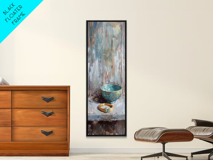 Turquoise Bowl With Gold Ring Oil Painting Canvas Print, Wabi Sabi Wall Art, Rustic Boho Home Decor, Unique Gift For Her