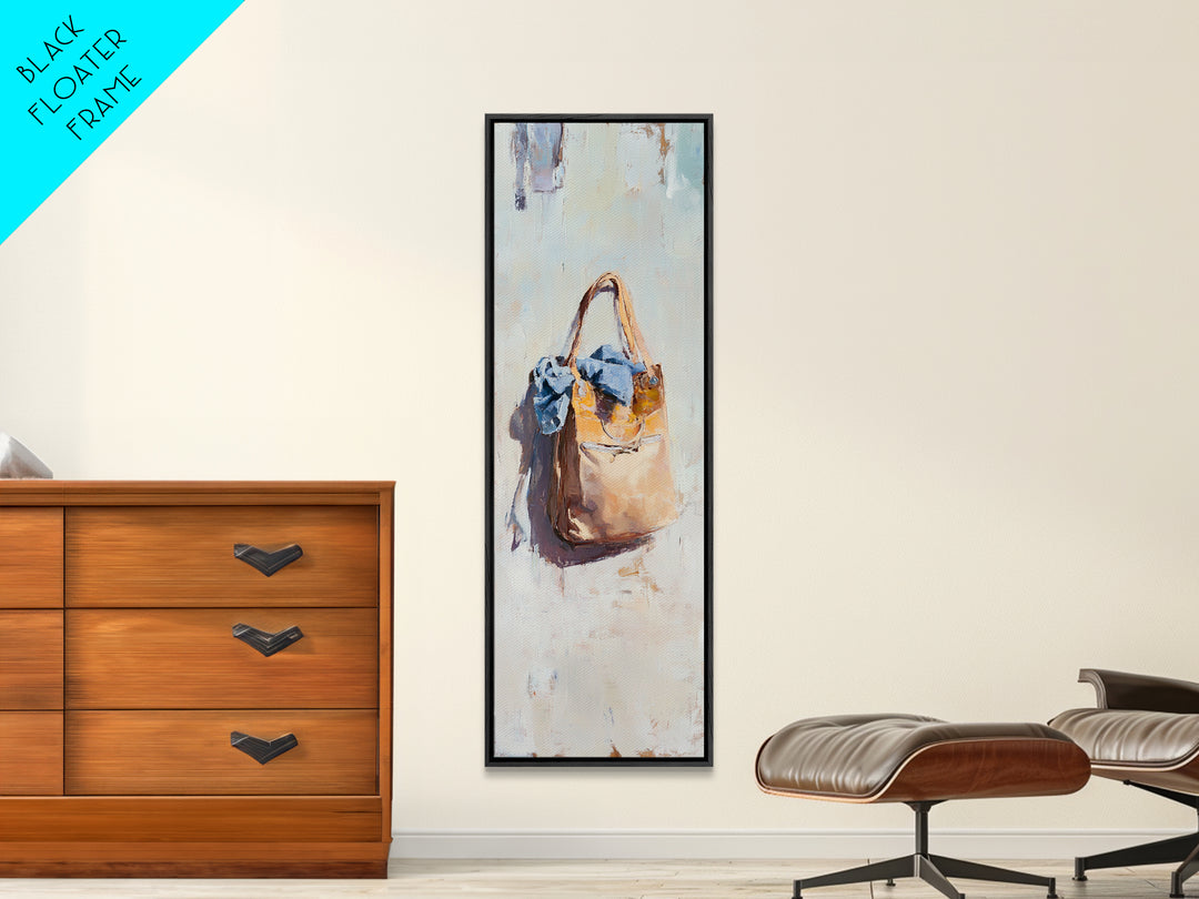 Hanging Tan Tote Bag With Blue Scarf Canvas Print, Fashion Wall Art, Feminine Bedroom Decor, Chic Closet Wall Decor, Gift For Her