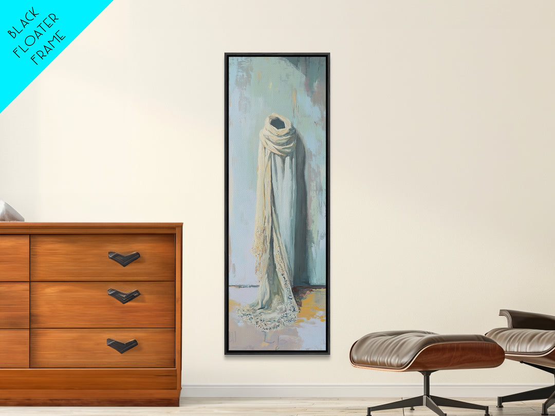 Draped White Scarf On Blue Wall Canvas Print, Minimalist Textile Wall Art, Neutral Bedroom Decor, Soft Wabi Sabi Art, Calming Decor