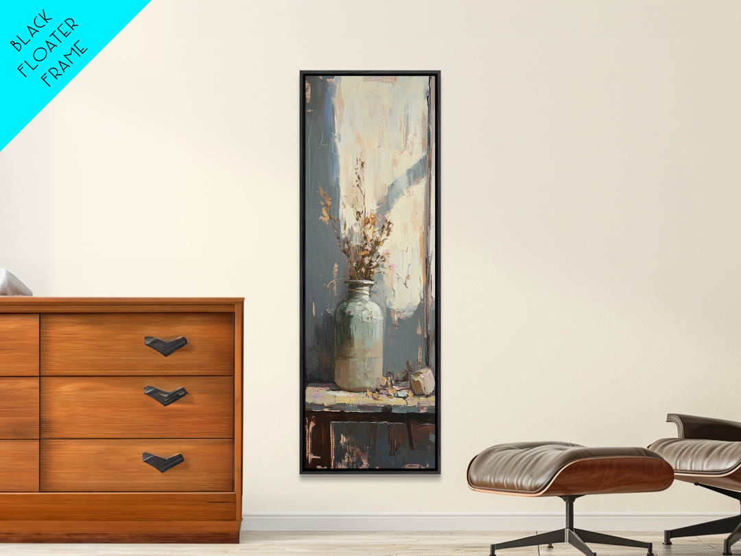 Pale Ceramic Vase With Dried Flowers Canvas Print, Rustic Botanical Wall Art, Neutral Farmhouse Decor, Window Still Life