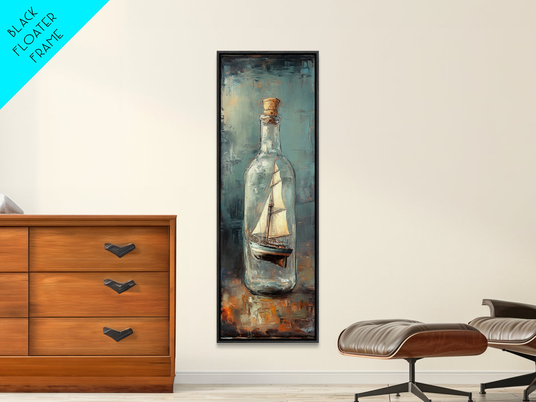Ship In A Glass Bottle Framed Canvas Print, Nautical Wall Art, Coastal Home Decor, Lake House Decor, Ocean Wall Decor, Sailboat Art