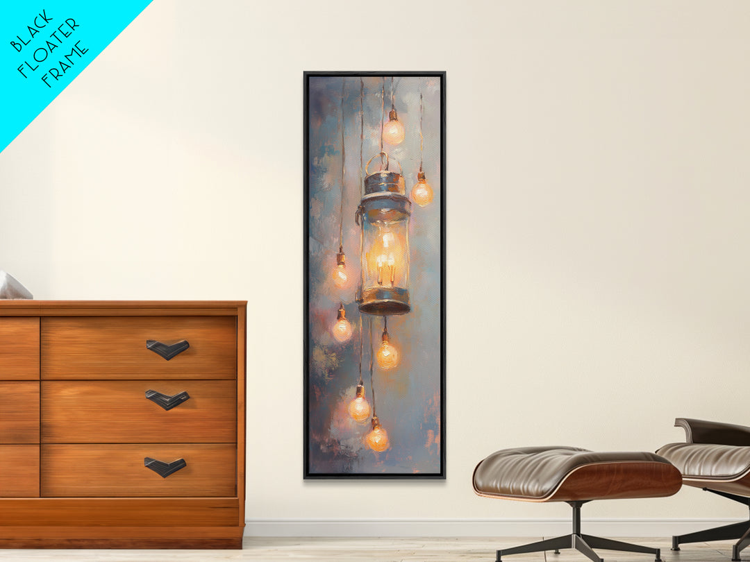 Glowing Mason Jar Lanterns Framed Canvas Print, Rustic Wall Art, Farmhouse Lighting Decor, Cozy Kitchen Wall Decor Gift Idea