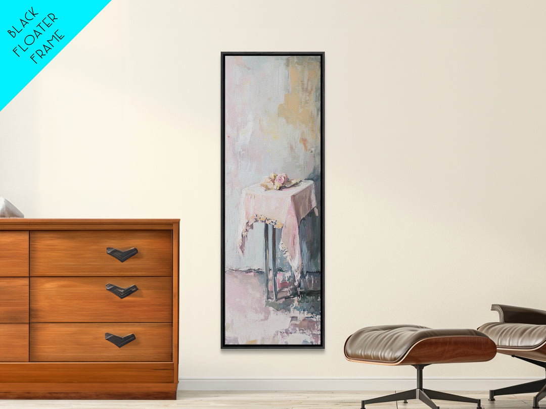 Pastel Pink Draped Table With Teacup Wall Art, Minimalist Canvas Print, Soft Abstract Still Life, Feminine Bedroom Decor
