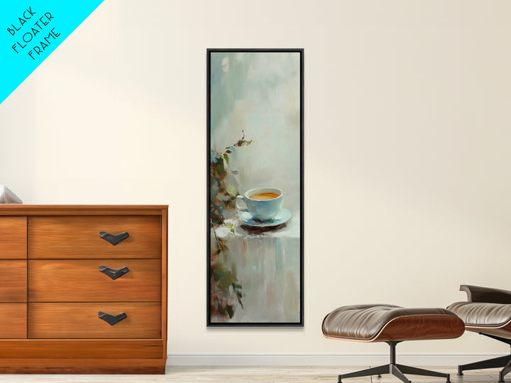 Blue Coffee Cup With Soft Green Foliage Wall Art, Minimalist Kitchen Decor, Cozy Cafe Print, Neutral Home Decor, Gift For Her