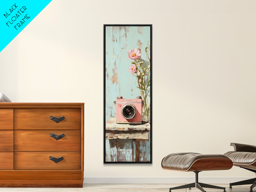 Pink Camera With Flowers Canvas Print, Whimsical Floral Wall Art, Girly Room Decor, Cute Photography Lover Gift And Bedroom Wall Decor