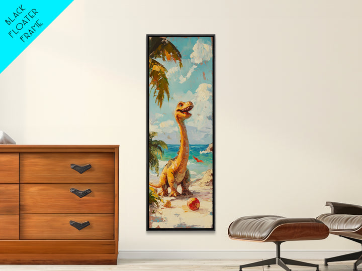 Cheerful Dinosaur On Tropical Beach Canvas Print, Whimsical Nursery Decor, Coastal Kids Room Art, Cute Animal Wall Decor