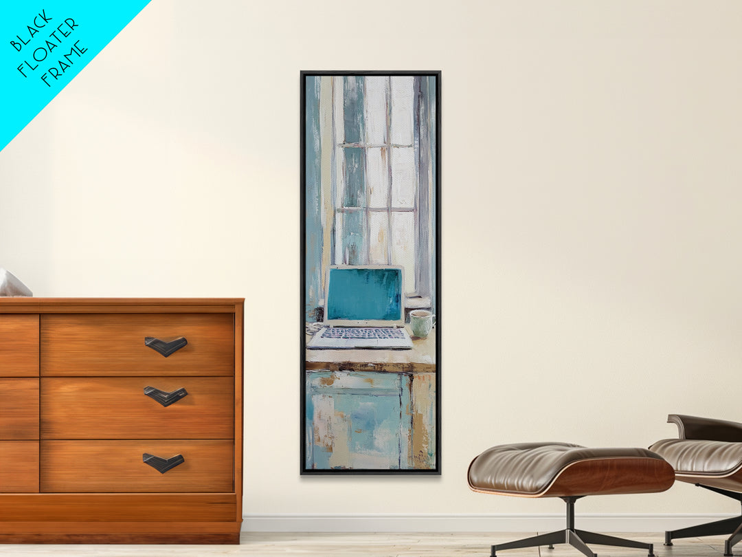 Blue Laptop By Bright Window Wall Art, Home Office Decor, Minimalist Desk Art Print, Modern Work From Home Canvas Art Decor