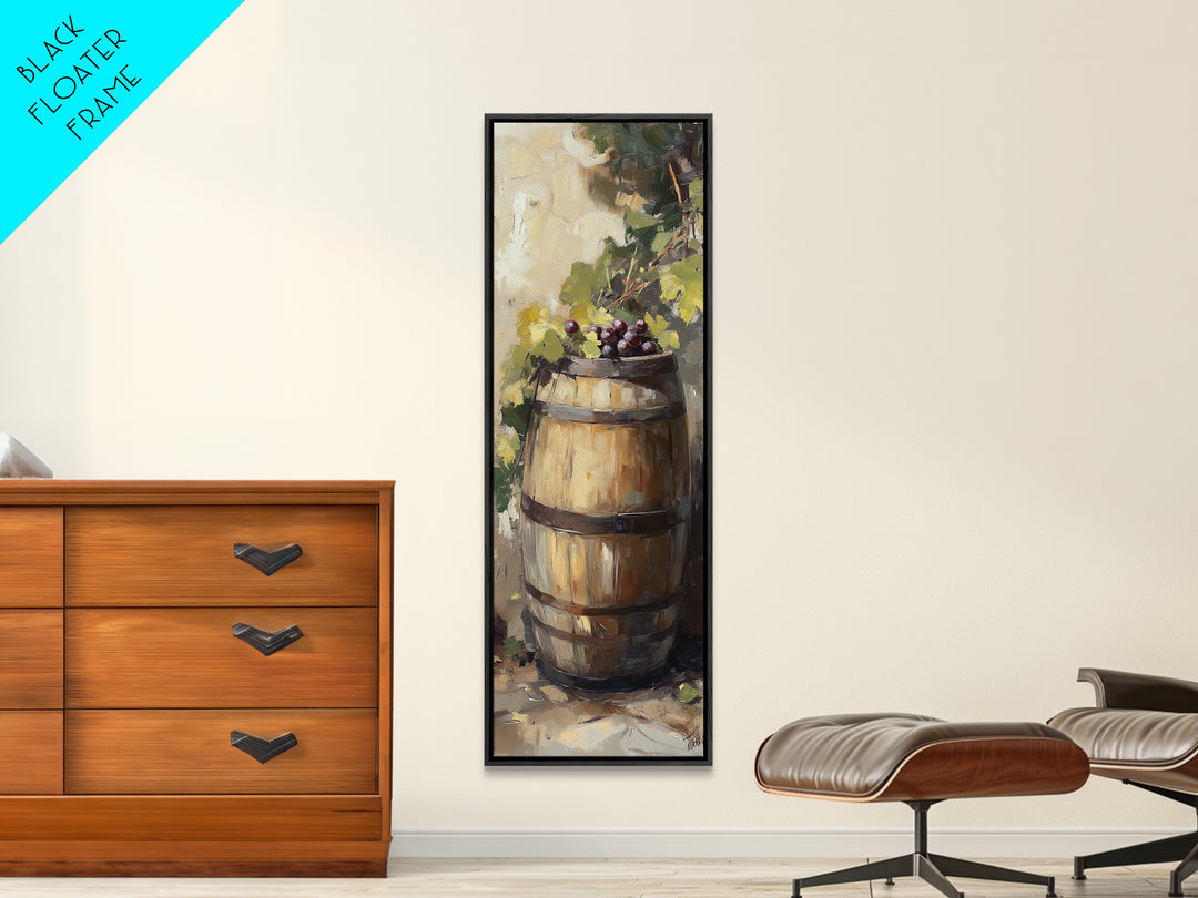 Sunlit Wine Barrel With Grapes Wall Art, Vineyard Canvas Print, Rustic Winery Kitchen Decor, Tuscan Farmhouse Gift For Dining Room