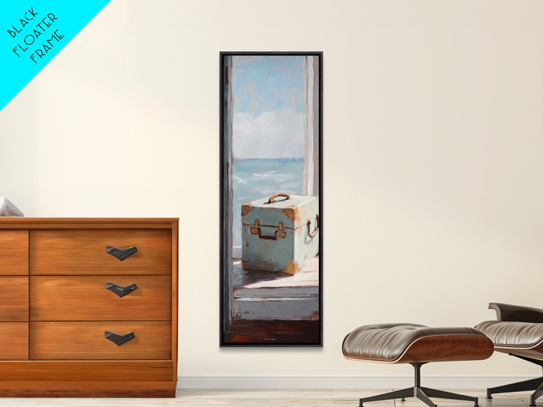 Blue Suitcase Ocean Window Canvas Print, Coastal Wall Art, Beach House Decor, Travel Inspired Living Room Wall Decor Gift