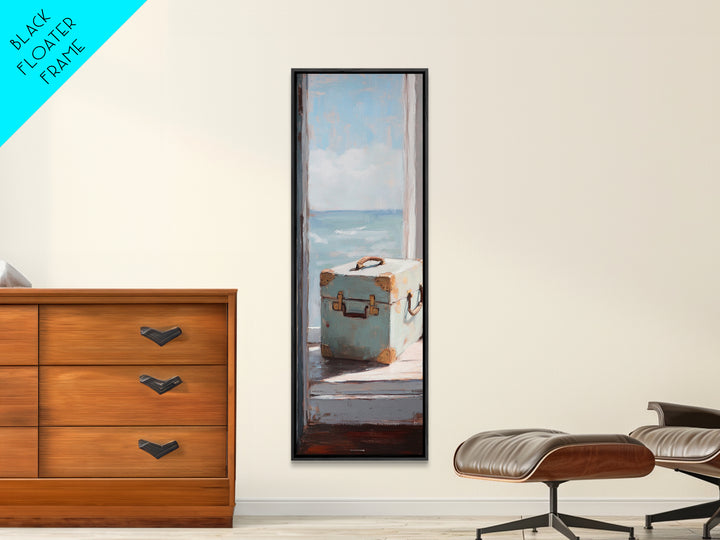 Blue Suitcase Ocean Window Canvas Print, Coastal Wall Art, Beach House Decor, Travel Inspired Living Room Wall Decor Gift