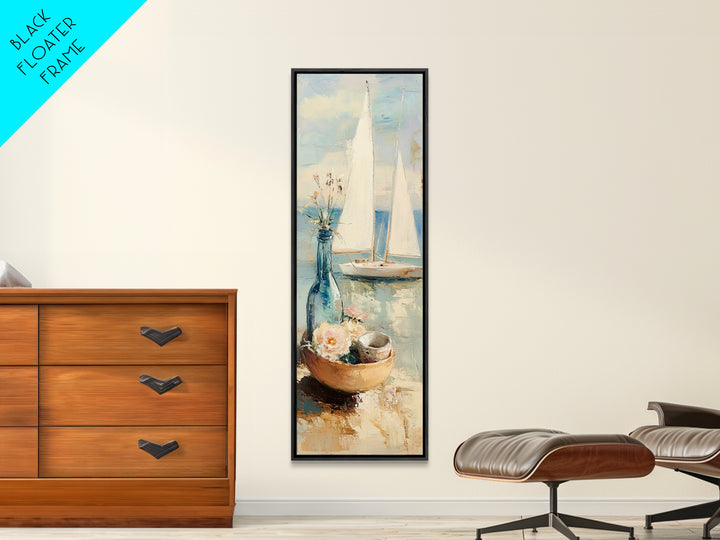 Sailboat Seaside Still Life Framed Canvas Print, Coastal Wall Art, Beach House Decor, Nautical Living Room Wall Decor Gift