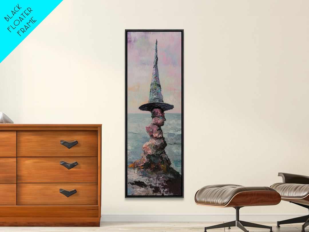 Whimsical Wizard Hat Rock Tower Wall Art, Fantasy Seascape, Surreal Art Print, Magical Coastal Decor, Unique Gift, Living Room Decor