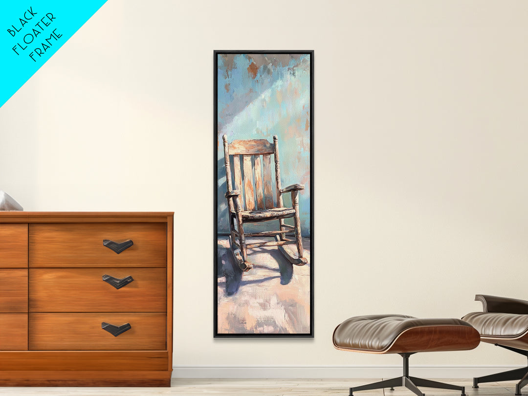 Sunlit Wooden Rocking Chair Wall Art, Rustic Farmhouse Decor, Country Home Decor, Neutral Canvas Print, Cozy Living Room Art