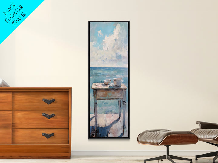 Two Teacups By The Sea Coastal Still Life Wall Art, Ocean Canvas Wall Decor, Beach House Living Room Decor, Neutral Seascape Kitchen Print