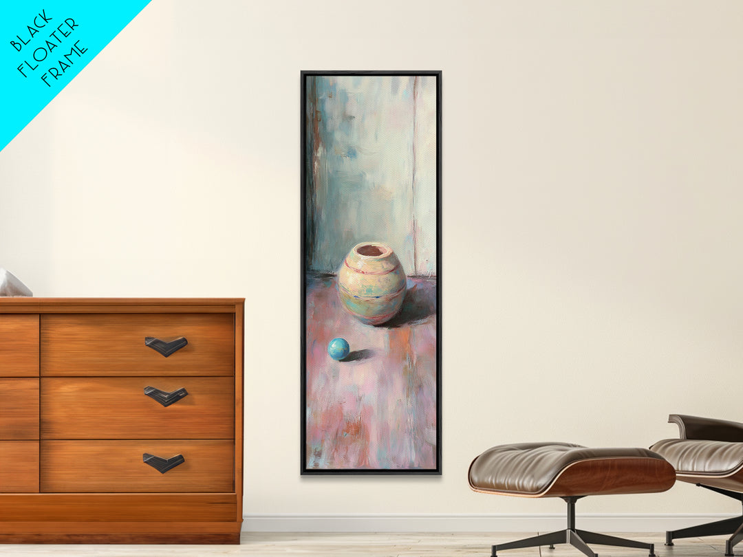 Small Ceramic Pot And Blue Ball Still Life Wall Art, Pastel Minimalist Canvas Print, Wabi Sabi Decor, Soft Abstract Art Print