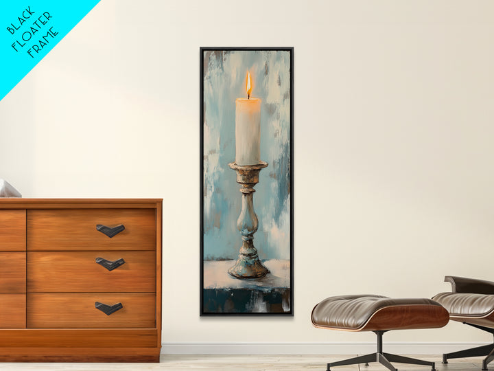 Lit Candle On Antique Holder Framed Canvas Print, Moody Still Life Wall Art For Rustic Home Decor, Spiritual Gift, Housewarming Gift