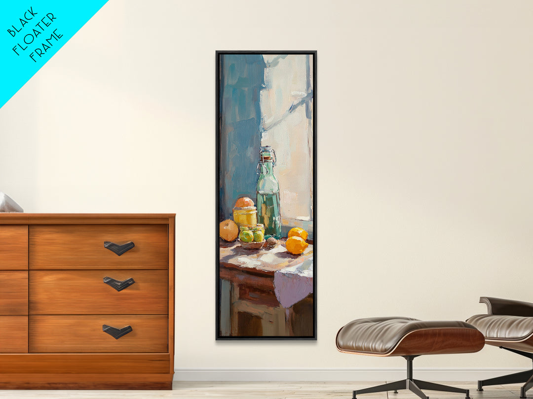 Sunlit Lemons And Glass Bottle Wall Art, Mediterranean Kitchen Decor, Citrus Still Life Canvas Print, Dining Room Art Print