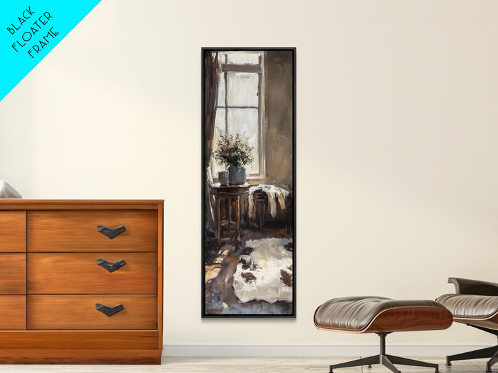 Rustic Window Chair And Cowhide Rug Wall Art, Farmhouse Canvas Print, Cozy Country Home Decor, Neutral Living Room Art Print