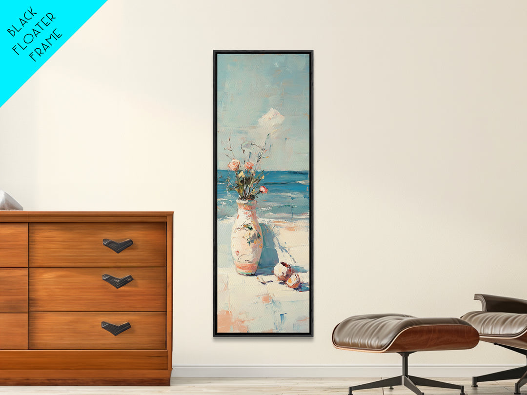 Seaside Flower Vase With Shells Canvas Print, Coastal Wall Art, Beach House Decor, Ocean Wall Decor, Summer Home Decor, Gift For Her