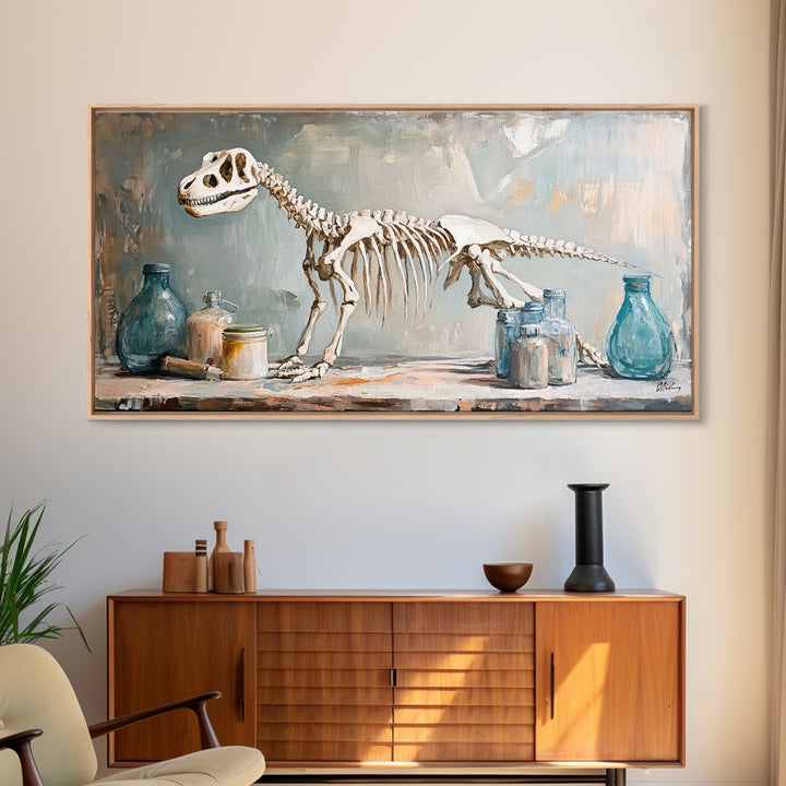 Dinosaur Skeleton Still Life Wall Art, Paleontology Canvas Print, Science Office Decor, Boys Room Decor, Unique Gift, Nursery Wall Art