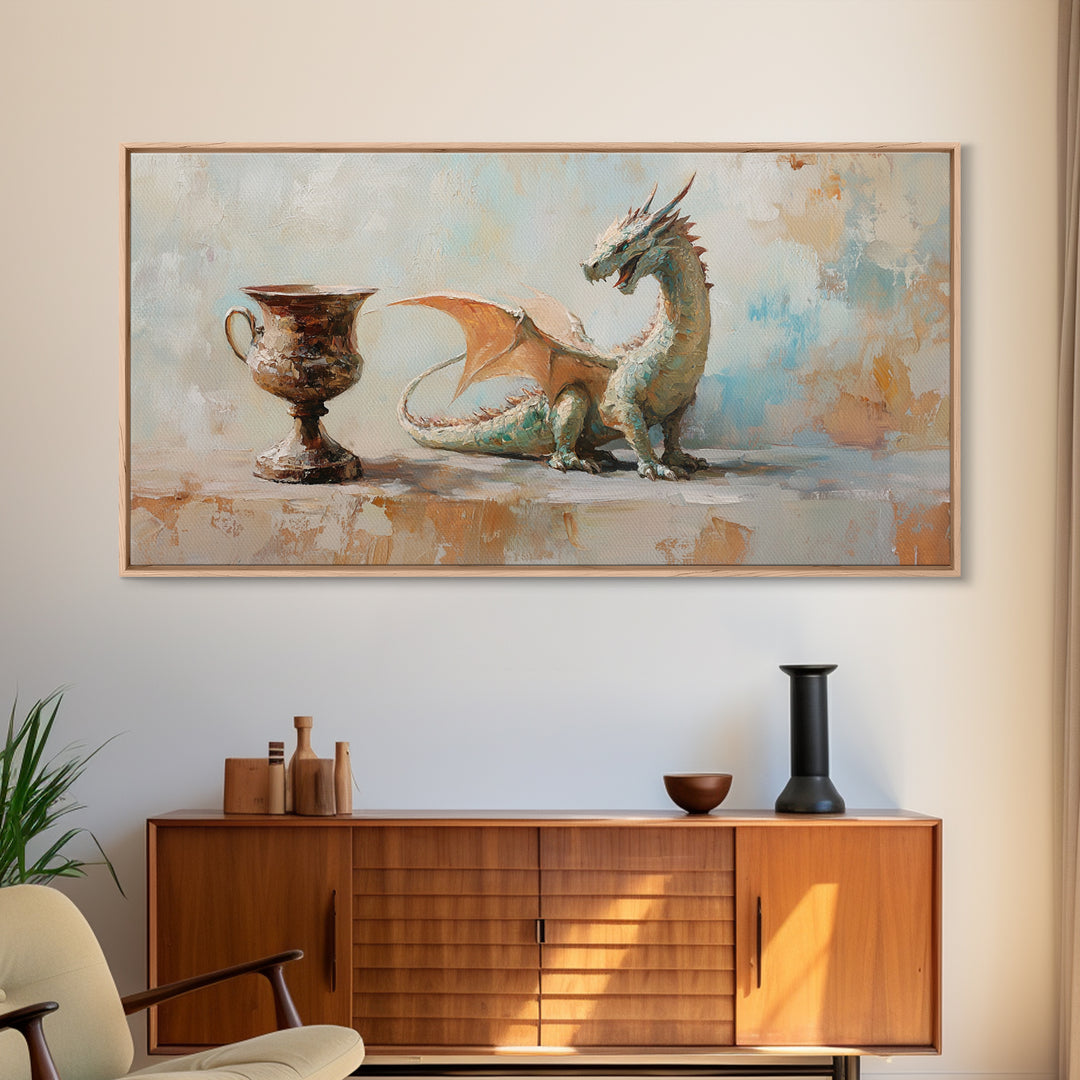 Small Dragon And Goblet Wall Art, Fantasy Canvas Print, Mythical Creature Decor, Kids Room Art, Unique Gift For Him, Nursery Wall Art