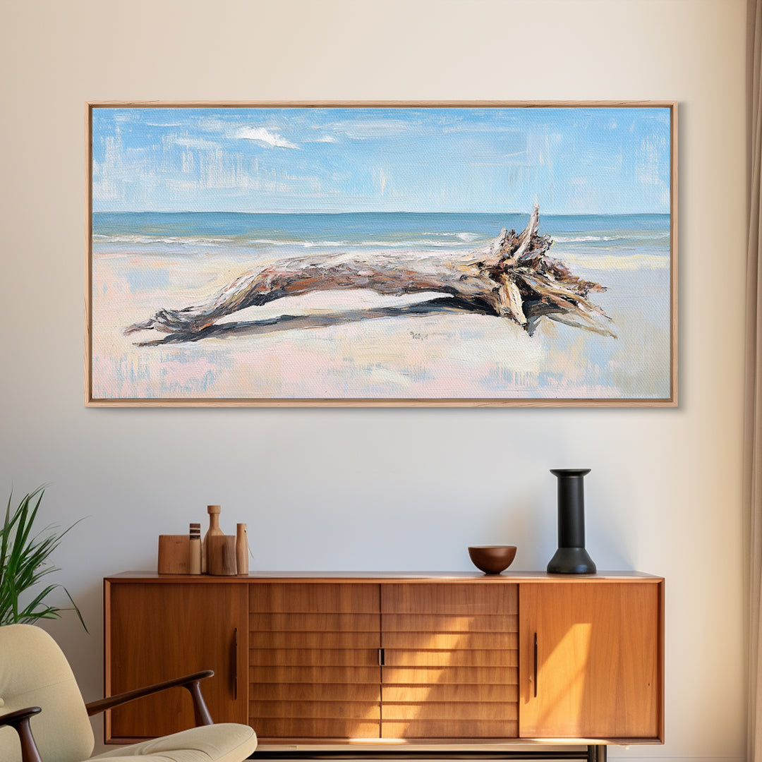 Weathered Driftwood On Beach Wall Art, Coastal Canvas Print, Ocean Landscape Art, Beach House Decor, Seaside Wall Decor Print