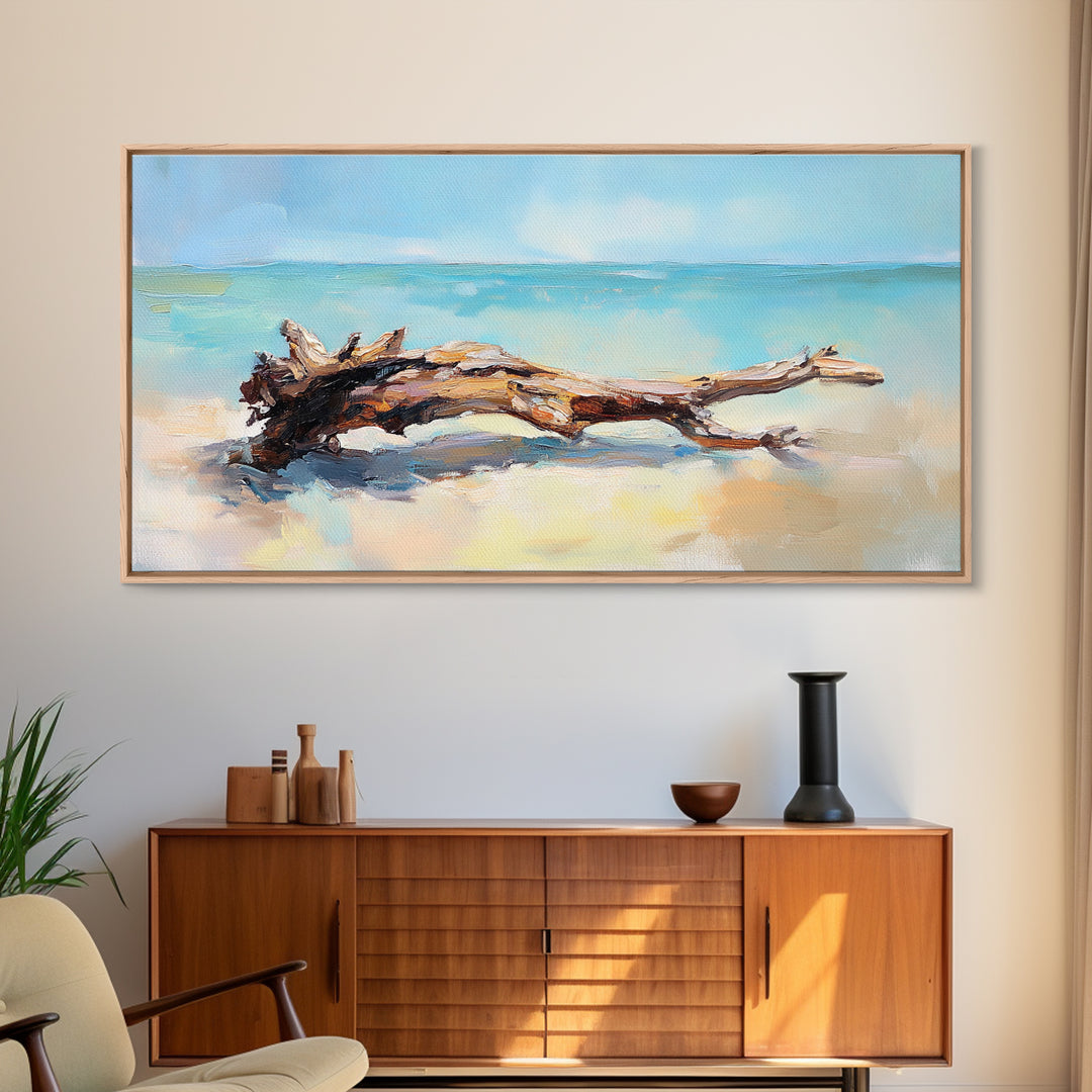 Sunlit Driftwood On Turquoise Shore Wall Art, Coastal Canvas Print, Beach House Decor, Ocean Art, Nautical Home Decor, Living Room Decor