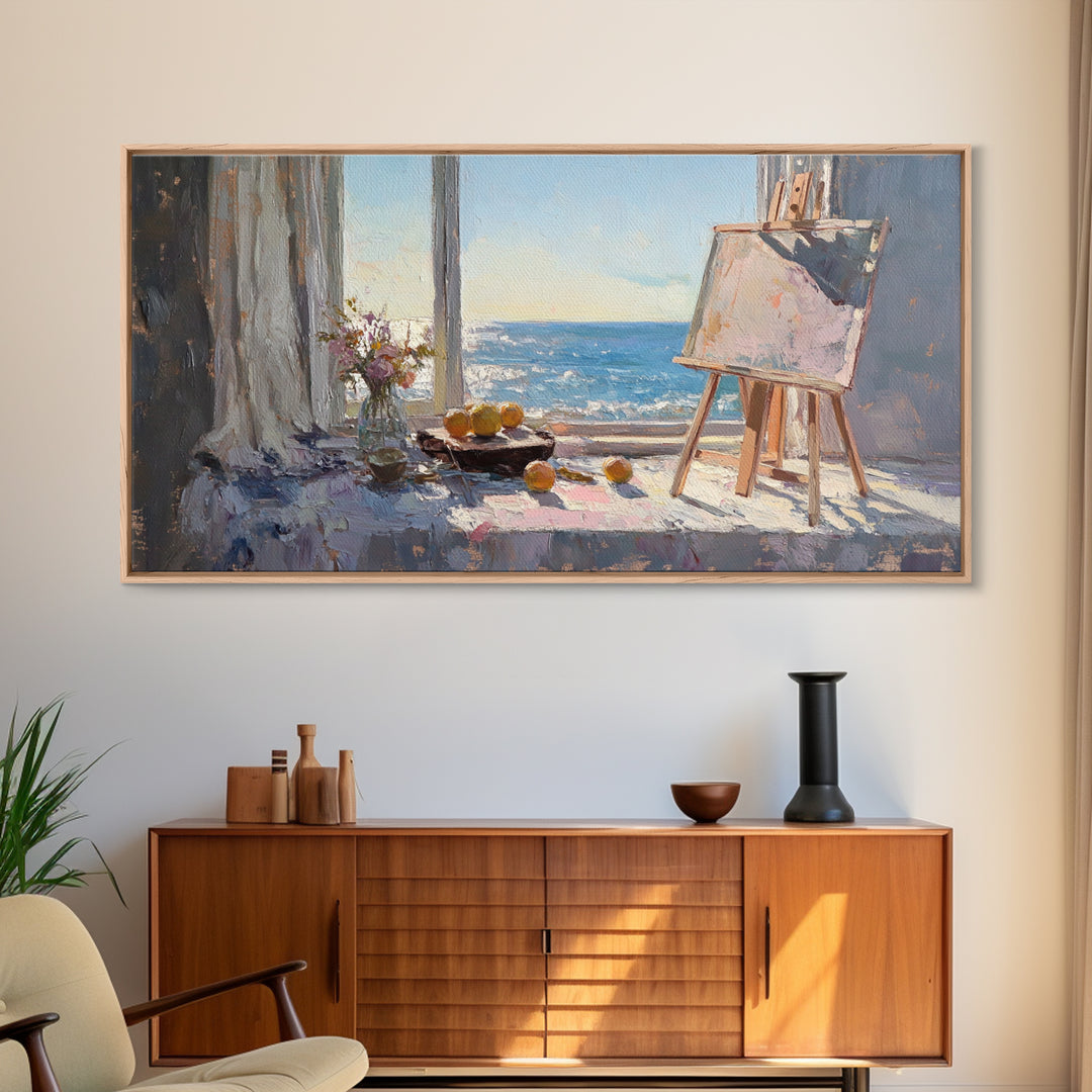 Sunlit Ocean View Art Studio Wall Art, Coastal Canvas Print, Easel And Lemons Still Life, Creative Office Decor, Beach House Decor