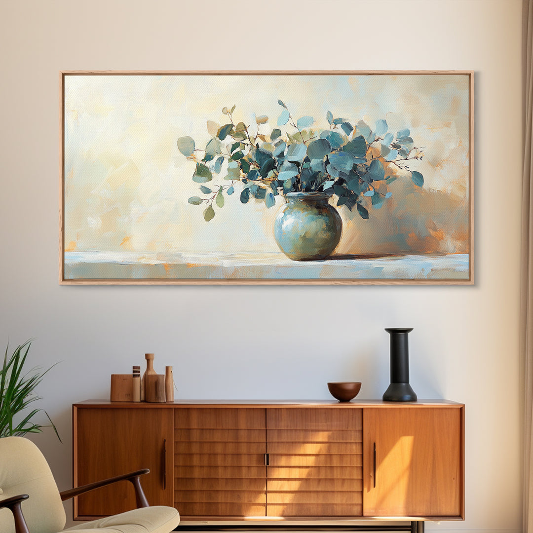 Blue Eucalyptus Vase Still Life Wall Art, Botanical Canvas Wall Decor, Neutral Living Room Decor, Rustic Farmhouse Art Print