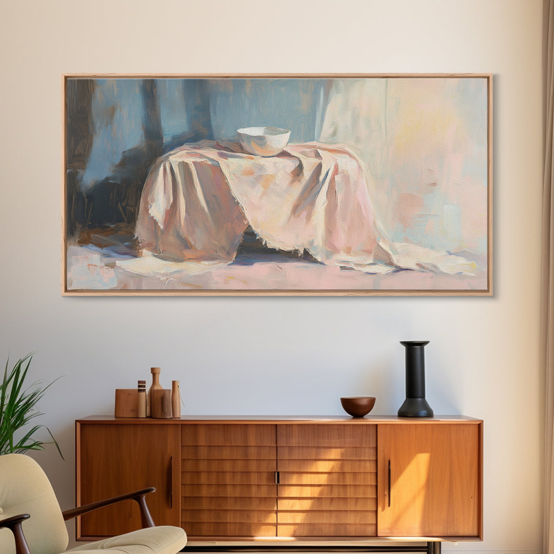 Soft Draped Table And Bowl Still Life Canvas Print, Minimalist Kitchen Wall Art, Neutral Home Decor, Fine Art Print, Dining Room Decor
