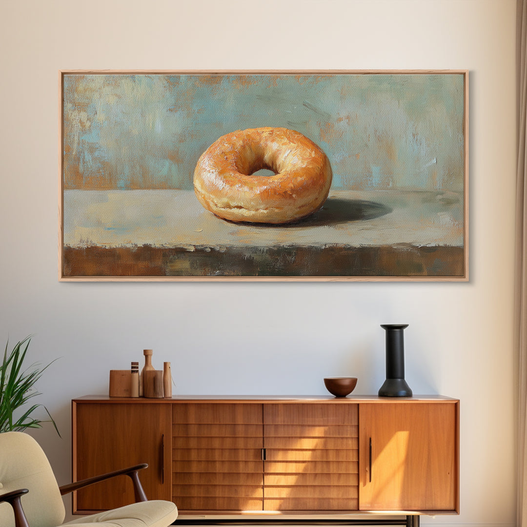 Glazed Bagel Still Life Canvas Print, Bakery Cafe Wall Art, Cute Kitchen Decor, Food Lover Gift, Rustic Dining Room Print
