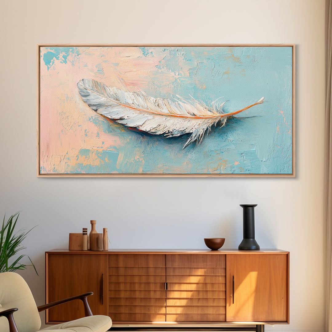White Feather On Soft Blue Peach Texture Framed Canvas Print, Coastal Wall Art, Neutral Home Decor, Boho Bedroom Decor, Gift For Her