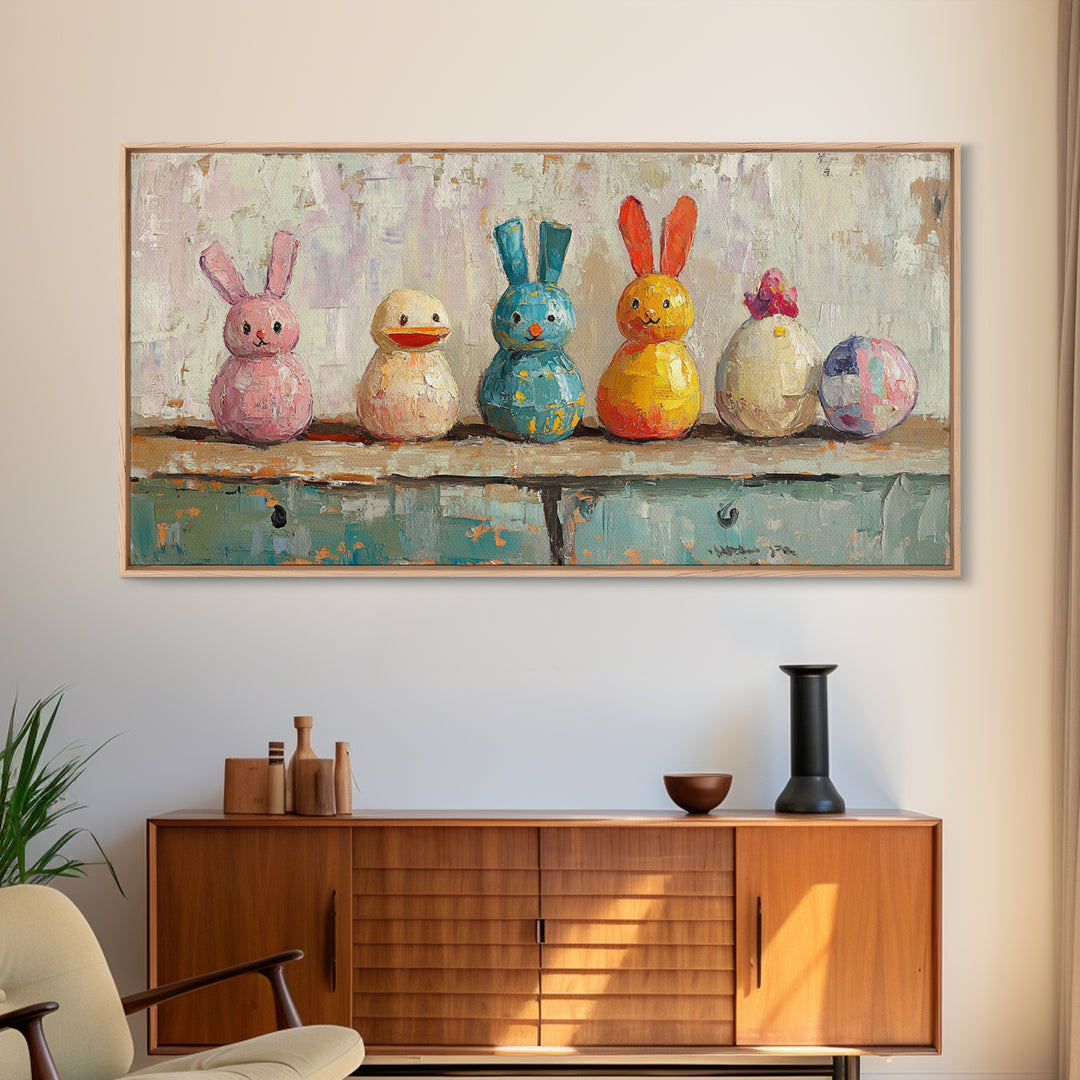 Whimsical Bunny And Duck Toys Framed Canvas Print, Nursery Wall Art, Kids Room Decor, Easter Gift, Playroom Wall Decor, Baby Shower Gift