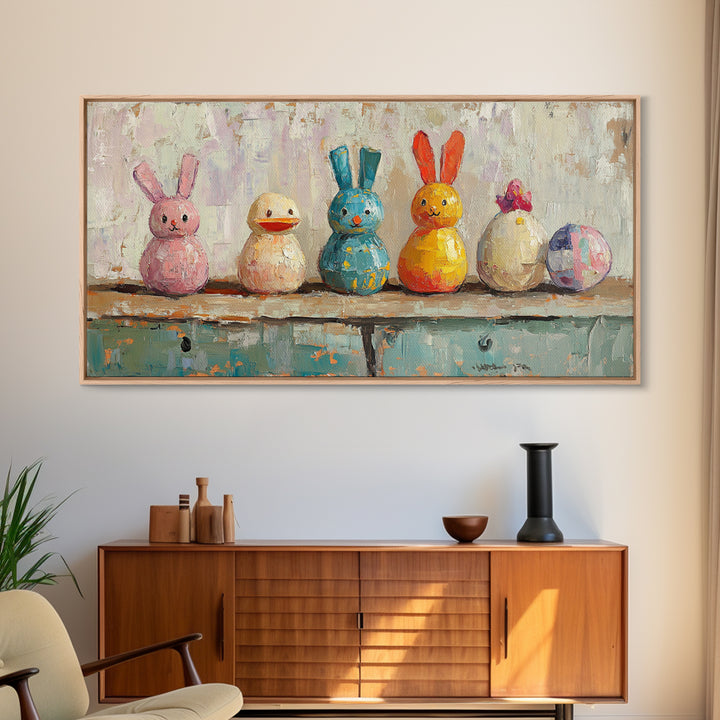 Whimsical Bunny And Duck Toys Framed Canvas Print, Nursery Wall Art, Kids Room Decor, Easter Gift, Playroom Wall Decor, Baby Shower Gift