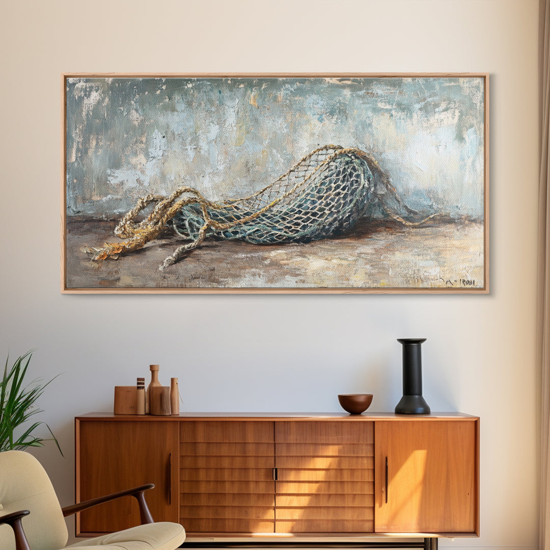 Weathered Fishing Net Framed Canvas Print, Nautical Wall Art, Coastal Home Decor, Rustic Seascape, Beach House Gift For Him