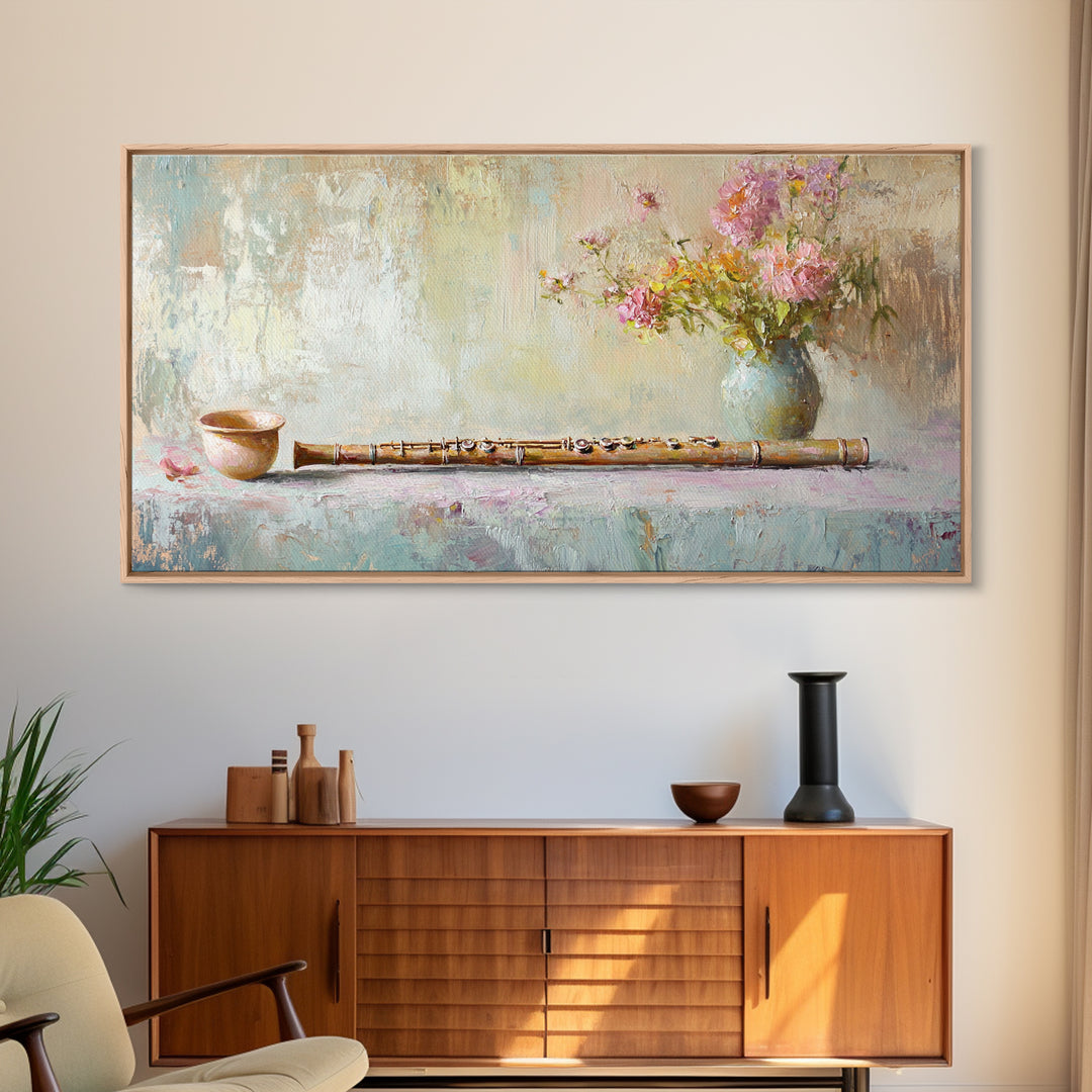 Rustic Flute Still Life With Pink Flowers, Framed Canvas Print, Music Room Wall Art, Farmhouse Decor, Gift For Music Lover