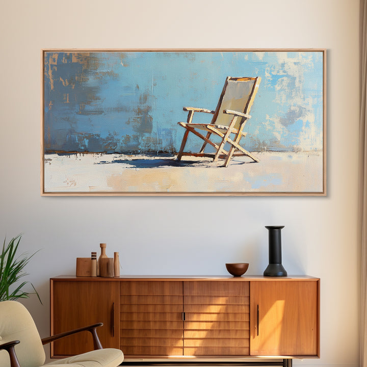 Minimal Beach Chair On Blue Wall, Canvas Print, Coastal Wall Art, Modern Home Decor, Beach House Decor, Living Room Wall Art