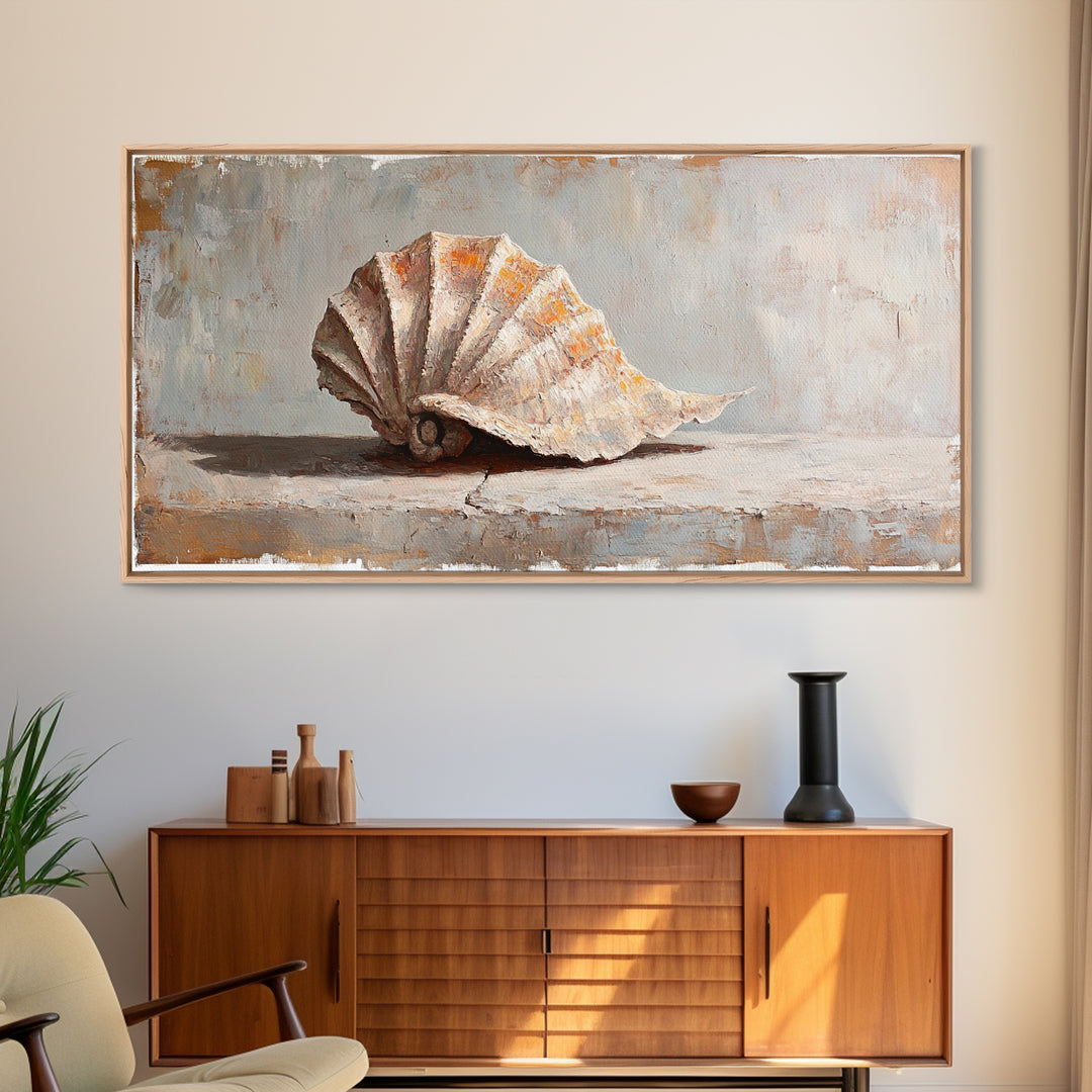 Textured Seashell Still Life In Neutral Tones, Framed Canvas Print, Coastal Wall Art, Beach House Decor, Nautical Wall Art