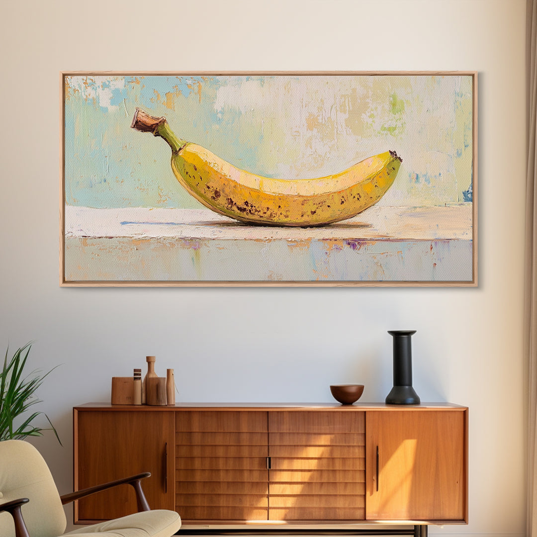 Bright Banana Still Life On Pale Blue, Framed Canvas Print, Kitchen Wall Art, Fruit Art, Colorful Kitchen Decor, Foodie Gift