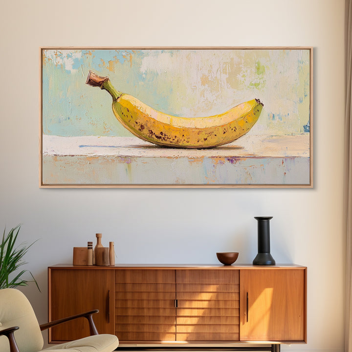 Bright Banana Still Life On Pale Blue, Framed Canvas Print, Kitchen Wall Art, Fruit Art, Colorful Kitchen Decor, Foodie Gift