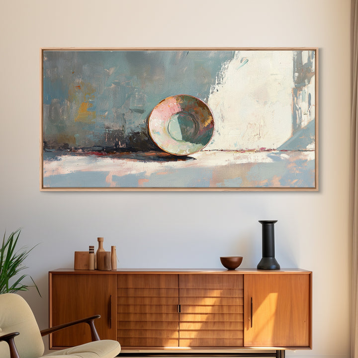 Sunlit Ceramic Bowl Still Life In Soft Blue, Canvas Print, Minimalist Wall Art, Modern Kitchen Decor, Neutral Home Decor