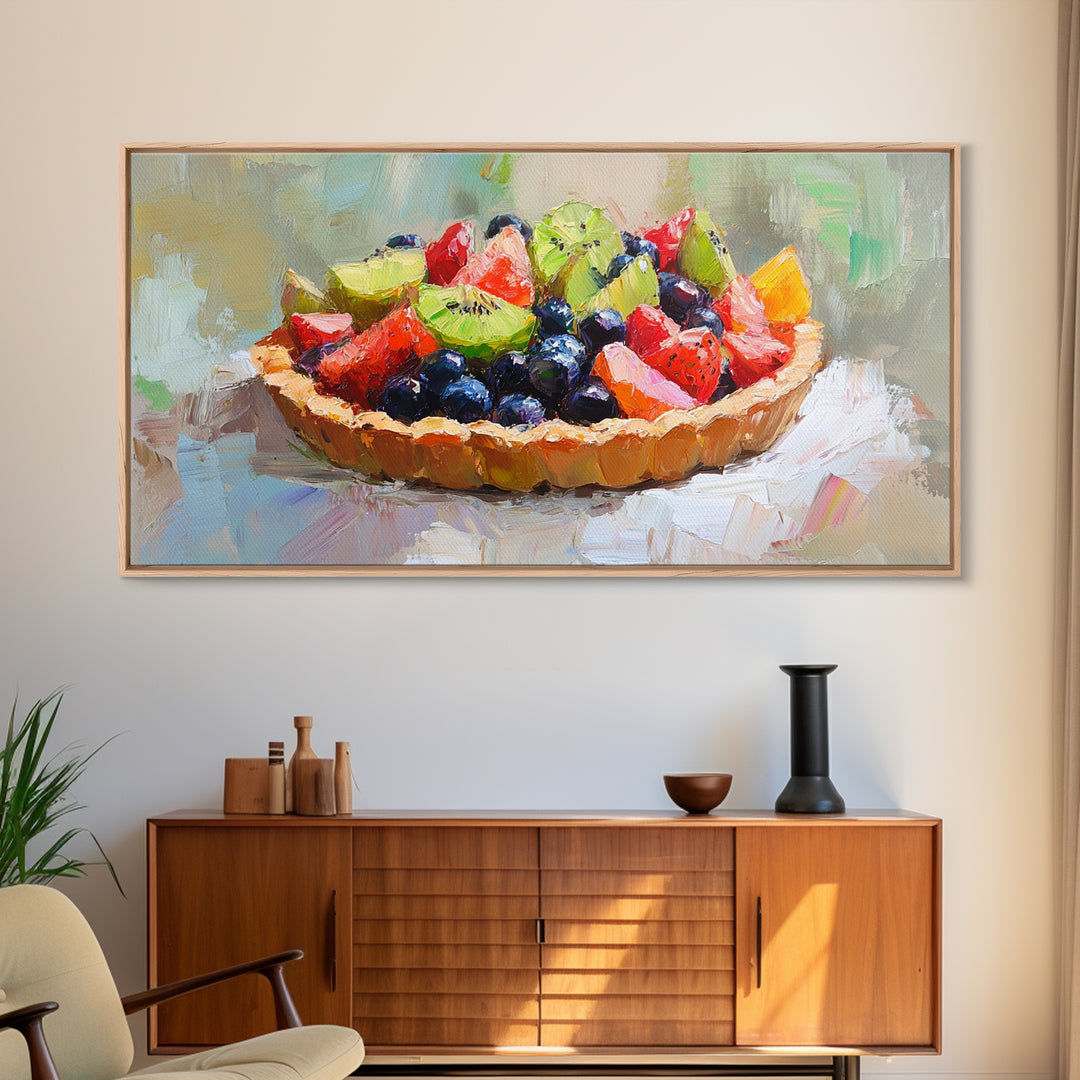 Colorful Fruit Tart Still Life With Strawberries, Framed Canvas Print, Kitchen Wall Art, Dessert Art, Cafe Decor, Foodie Gift