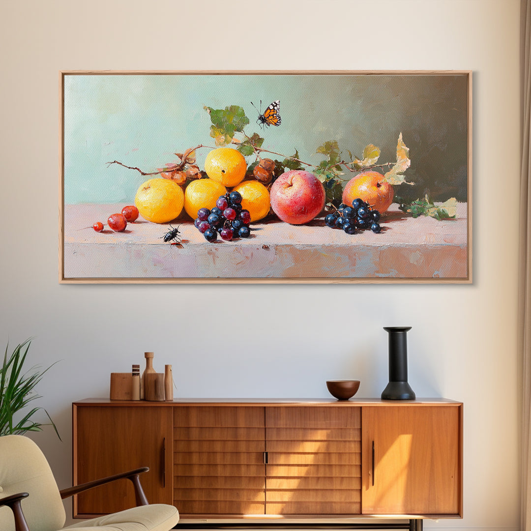 Oranges Grapes Apple Still Life With Butterfly, Canvas Print, Fruit Art, Kitchen Wall Art, Botanical Decor, Dining Room Print