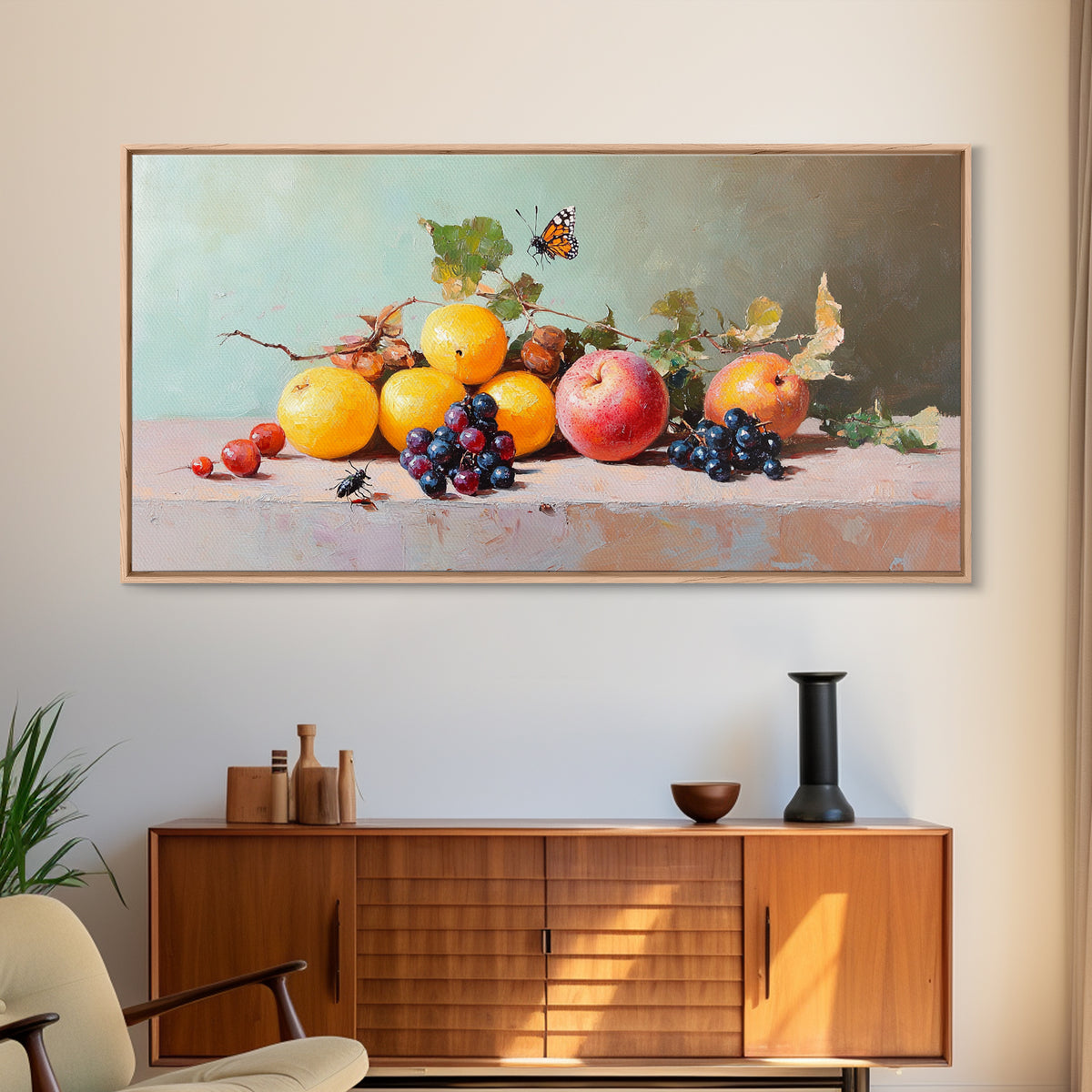 Oranges Grapes Apple Still Life With Butterfly, Canvas Print, Fruit Art, Kitchen Wall Art, Botanical Decor, Dining Room Print