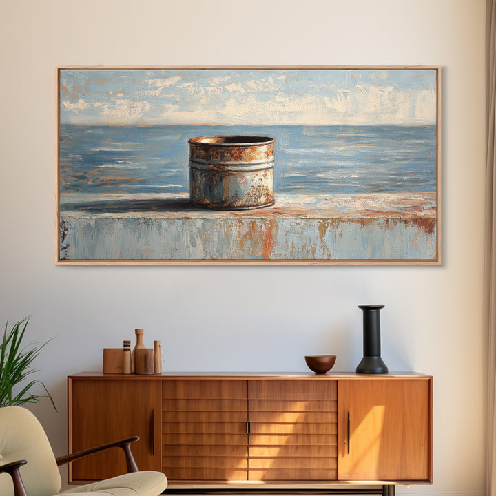 Rusty Tin Can By Blue Sea Wall Art, Coastal Industrial Still Life Canvas Print, Rustic Beach House Decor For Living Room
