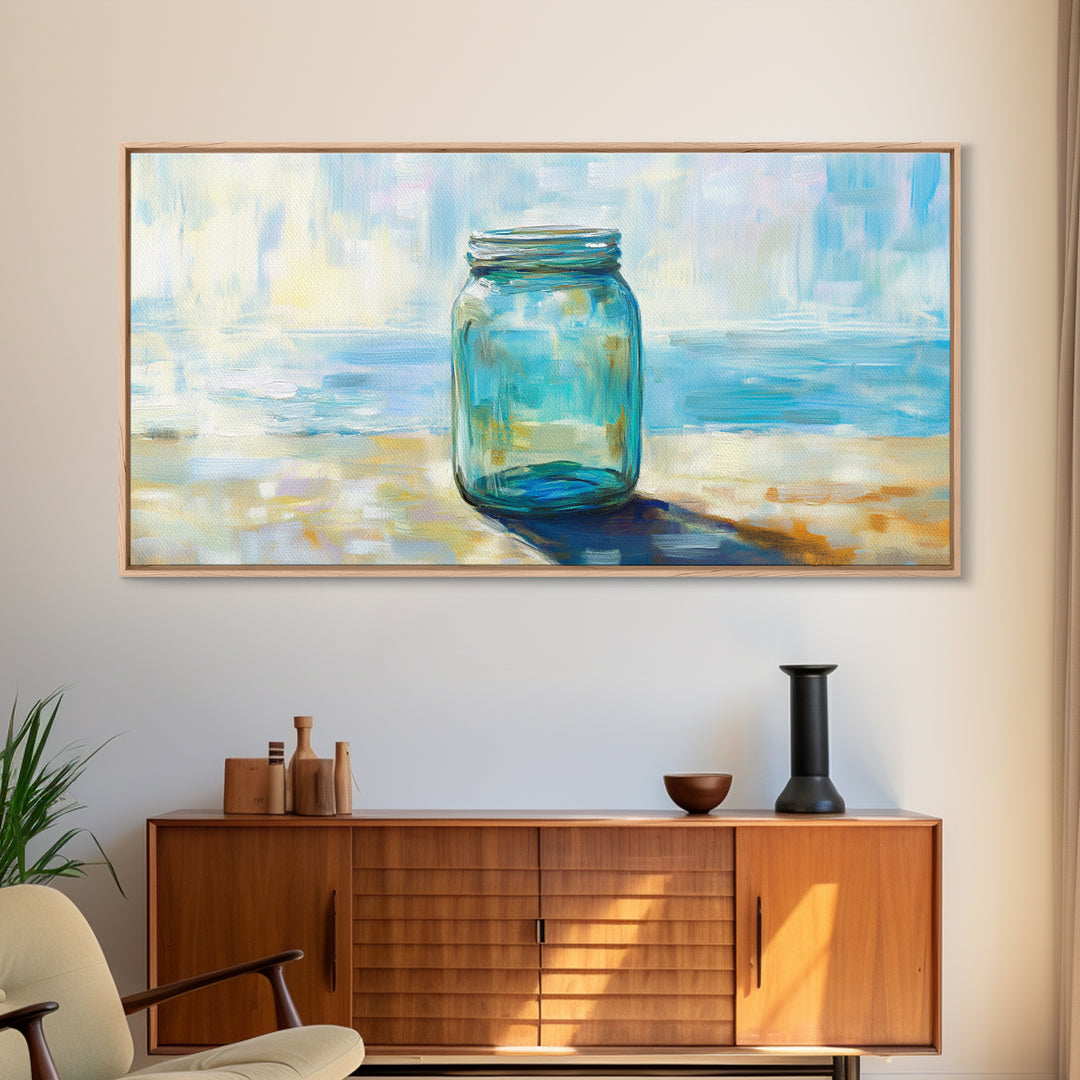 Blue Glass Mason Jar Wall Art, Coastal Still Life Canvas Print, Minimalist Beach House Decor For Kitchen Or Bathroom Art