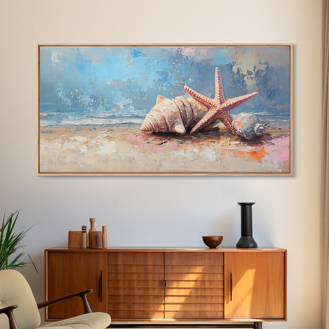 Starfish And Seashells On Sandy Shore Wall Art, Coastal Ocean Canvas Print, Beach House Decor For Bathroom Or Bedroom Wall Decor