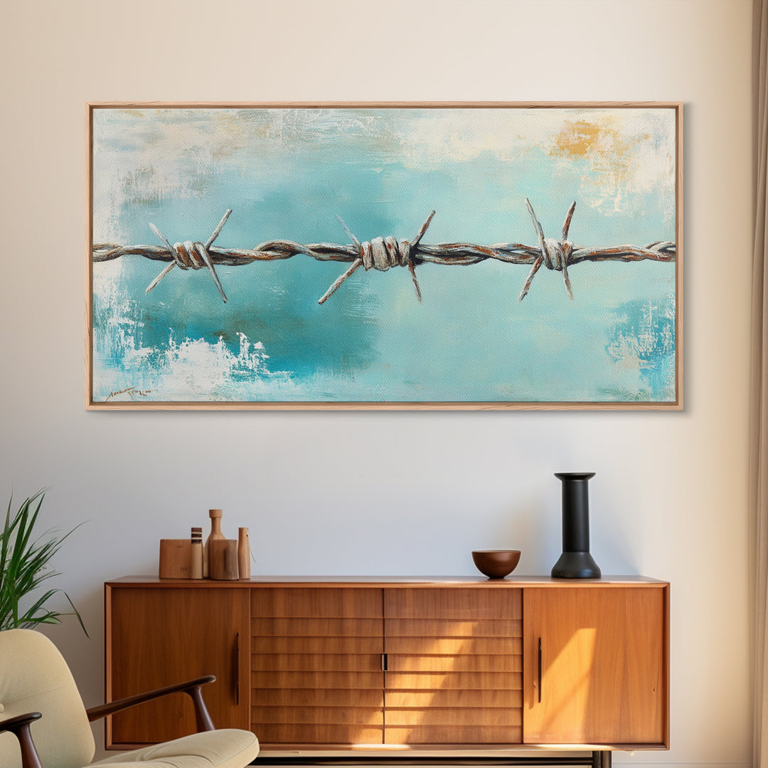 Rusty Barbed Wire Against Turquoise Sky Wall Art, Western Industrial Canvas Print, Modern Rustic Farmhouse Decor For Entryway