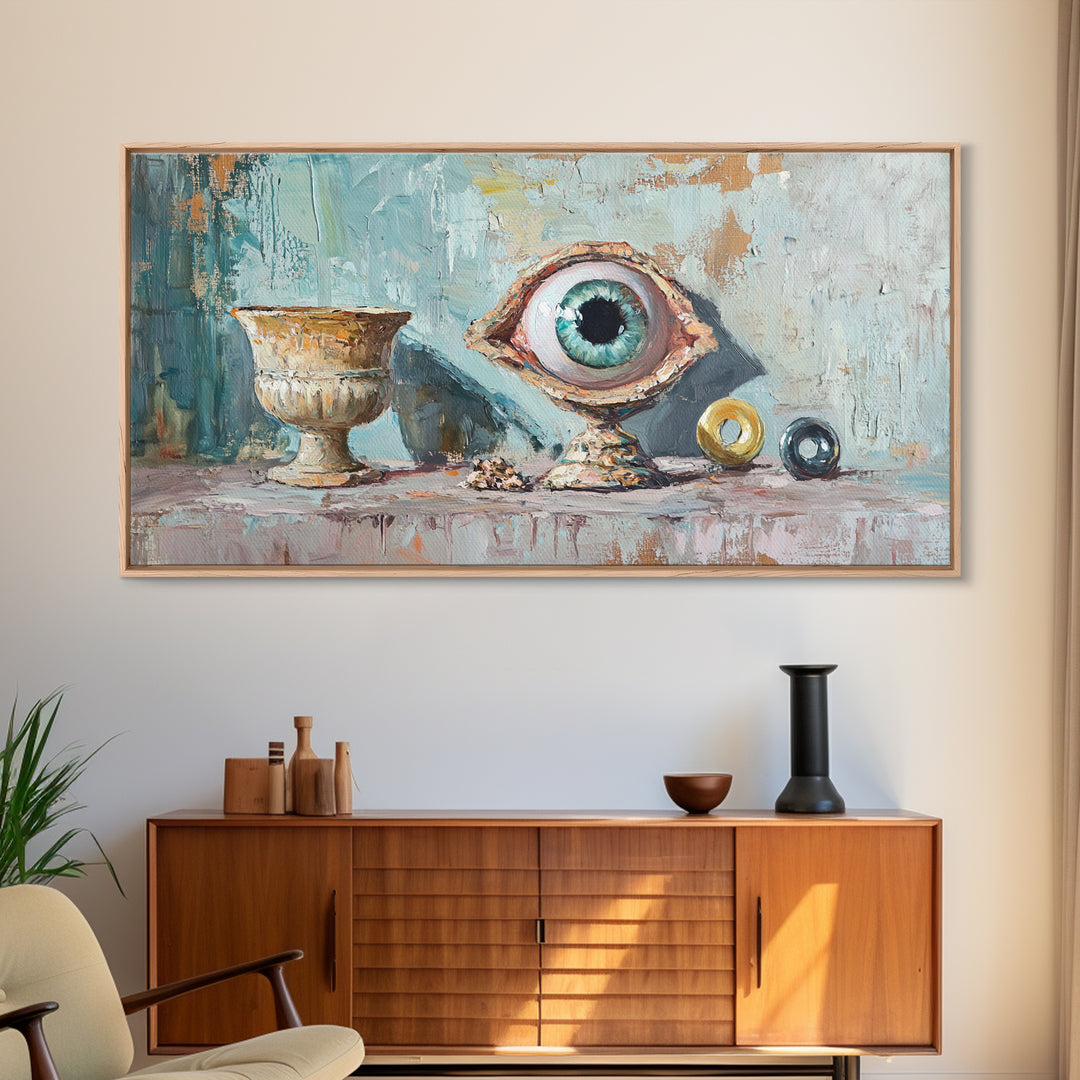 Surreal Blue Eye Relic And Antique Urn Wall Art, Mystical Eclectic Framed Canvas Print, Dark Academia Office Decor For Library