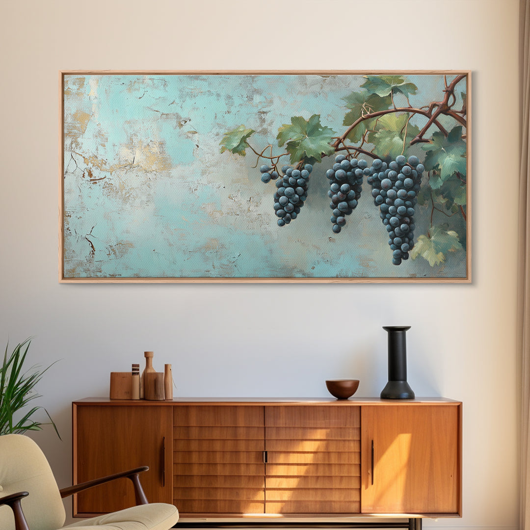 Blue Grapes On Vine Wall Art, Rustic Kitchen Decor, Vineyard Painting, Wine Country Print, Farmhouse Dining Room Canvas Art